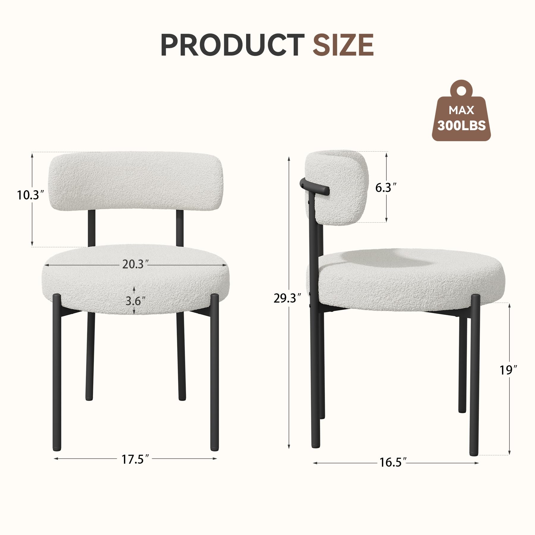 Hawthyhome Esszimmerstühle 4er Set丨Teddy Stoff Runde Boucle Stühle·Mid-Century gepolsterte Küchenstühle·Dining Chairs mit Metallbeinen·Creme beige wei߷FU01031WH-4