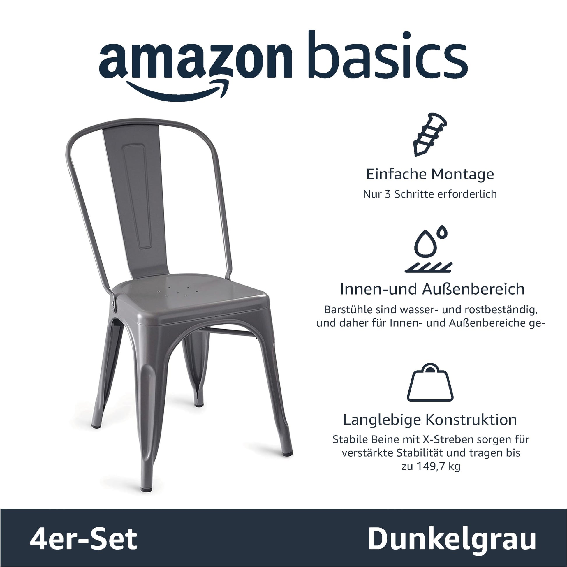 Amazon Basics Esszimmerstühle aus Metall, Schwarz, mit Rückenlehne, stapelbar, Bistro, Küche, Innen- & Außenbereich, 4er-Set, Dunkelgrau, 51 x 43 x 85 cm