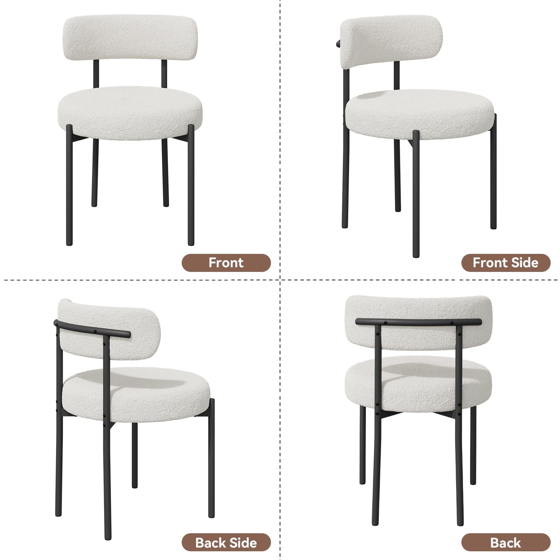 Hawthyhome Esszimmerstühle 4er Set丨Teddy Stoff Runde Boucle Stühle·Mid-Century gepolsterte Küchenstühle·Dining Chairs mit Metallbeinen·Creme beige wei߷FU01031WH-4