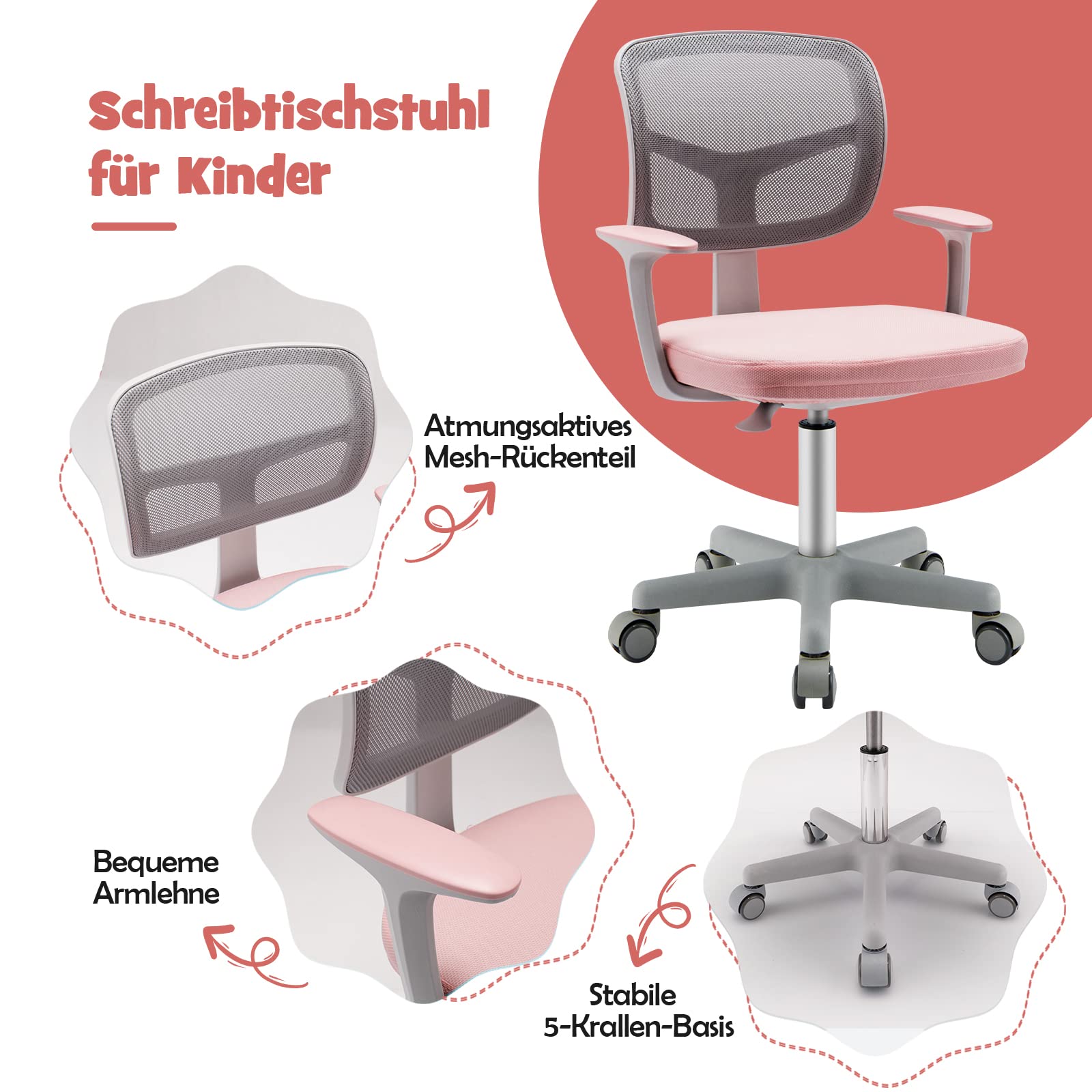 DREAMADE Kinder Schreibtischstuhl höhenverstellbar, ergonomischer Jugenddrehstuhl mit Rückenlehne & Armlehnen, Kinder Drehstuhl mit 5 Rollen, für Kinder 3-10 Jahre alt, bis 150kg belastbar (Rosa)