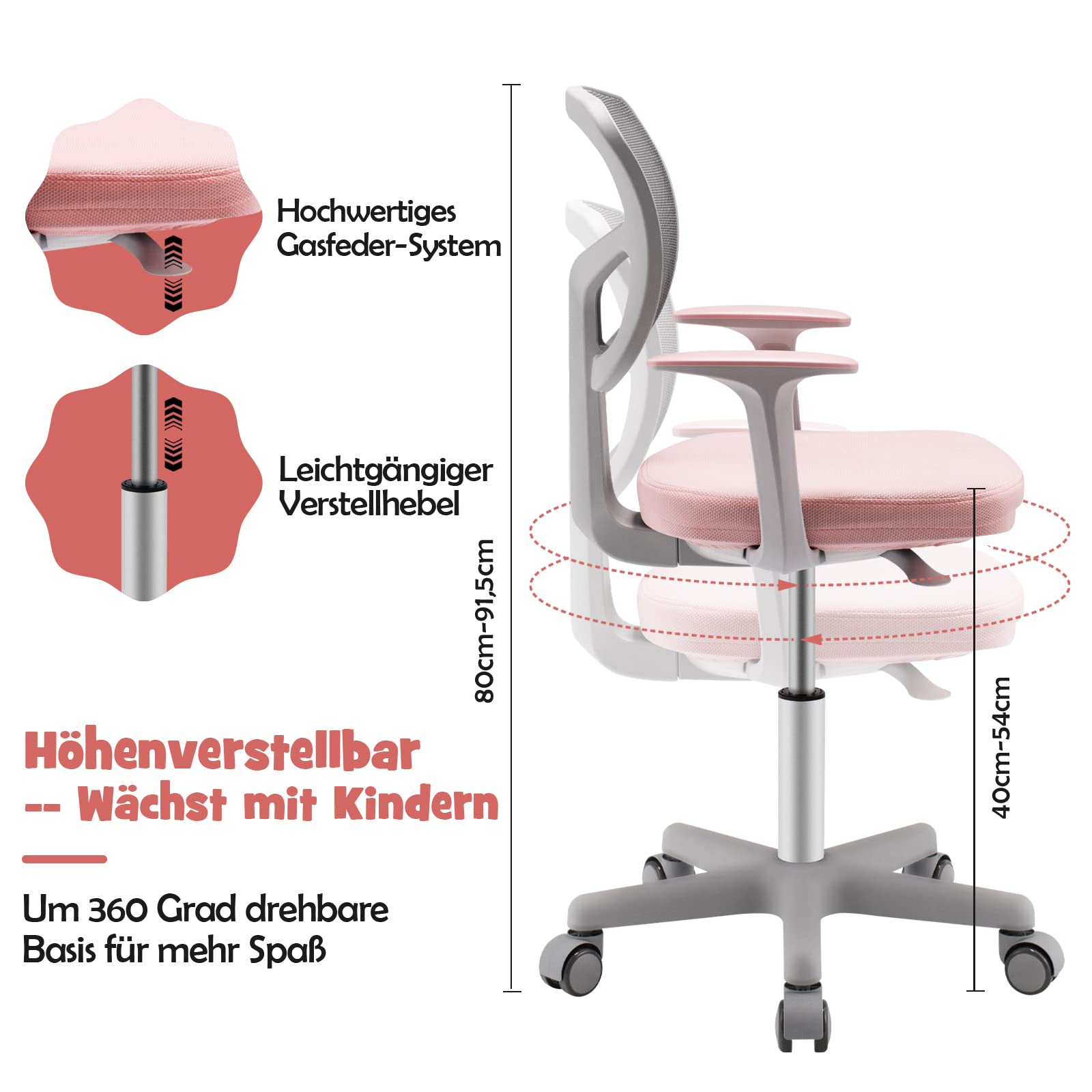 DREAMADE Kinder Schreibtischstuhl höhenverstellbar, ergonomischer Jugenddrehstuhl mit Rückenlehne & Armlehnen, Kinder Drehstuhl mit 5 Rollen, für Kinder 3-10 Jahre alt, bis 150kg belastbar (Rosa)