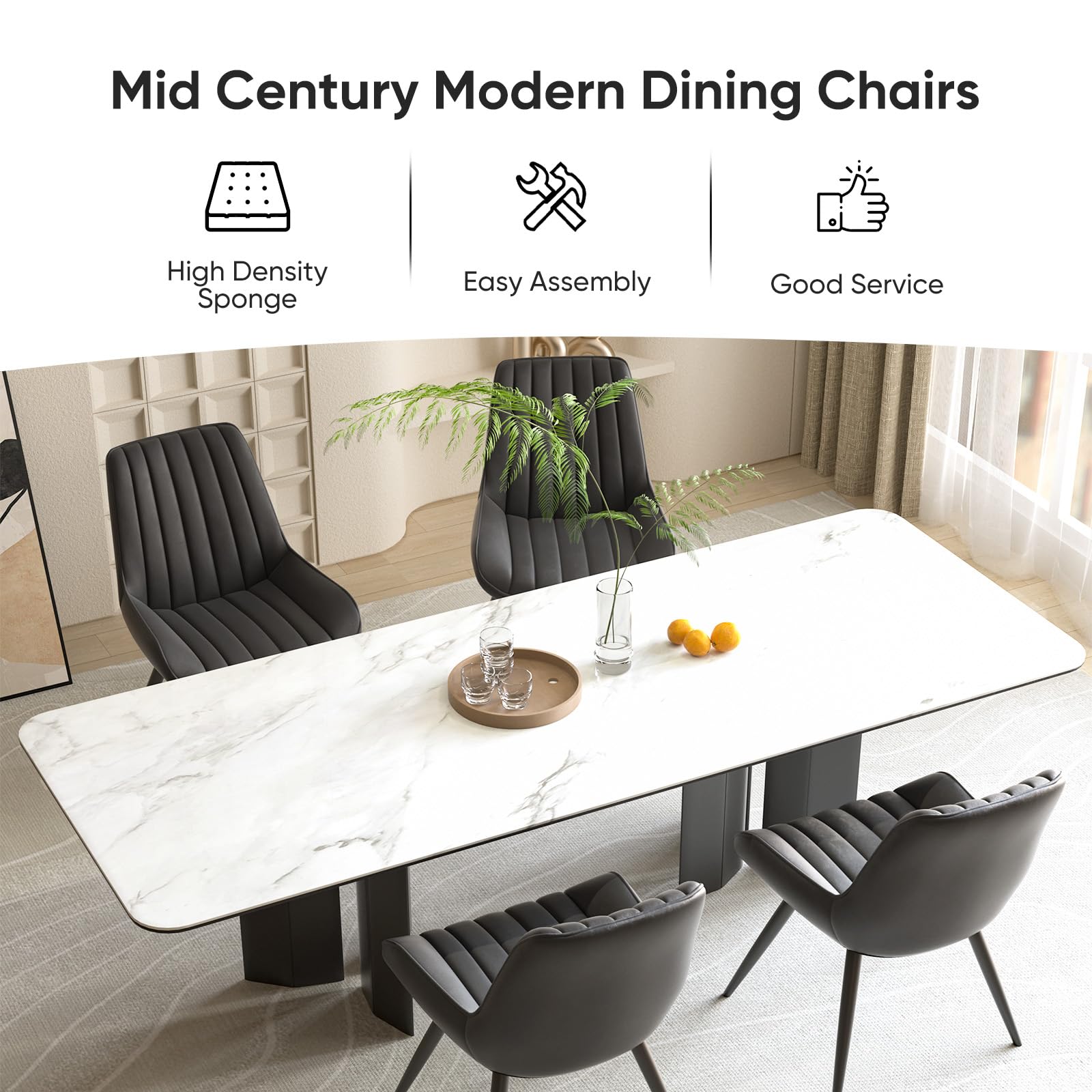 Hawthyhome Esszimmerstühle 6er Set | Polsterstühle mit 5 cm Sitzkissen • künstlicher Stoff Dining Chair • Küchenstuhl mit Rückenlehne • Moderne Sessel • Metallbeine • Schwarz FU01043BL-6