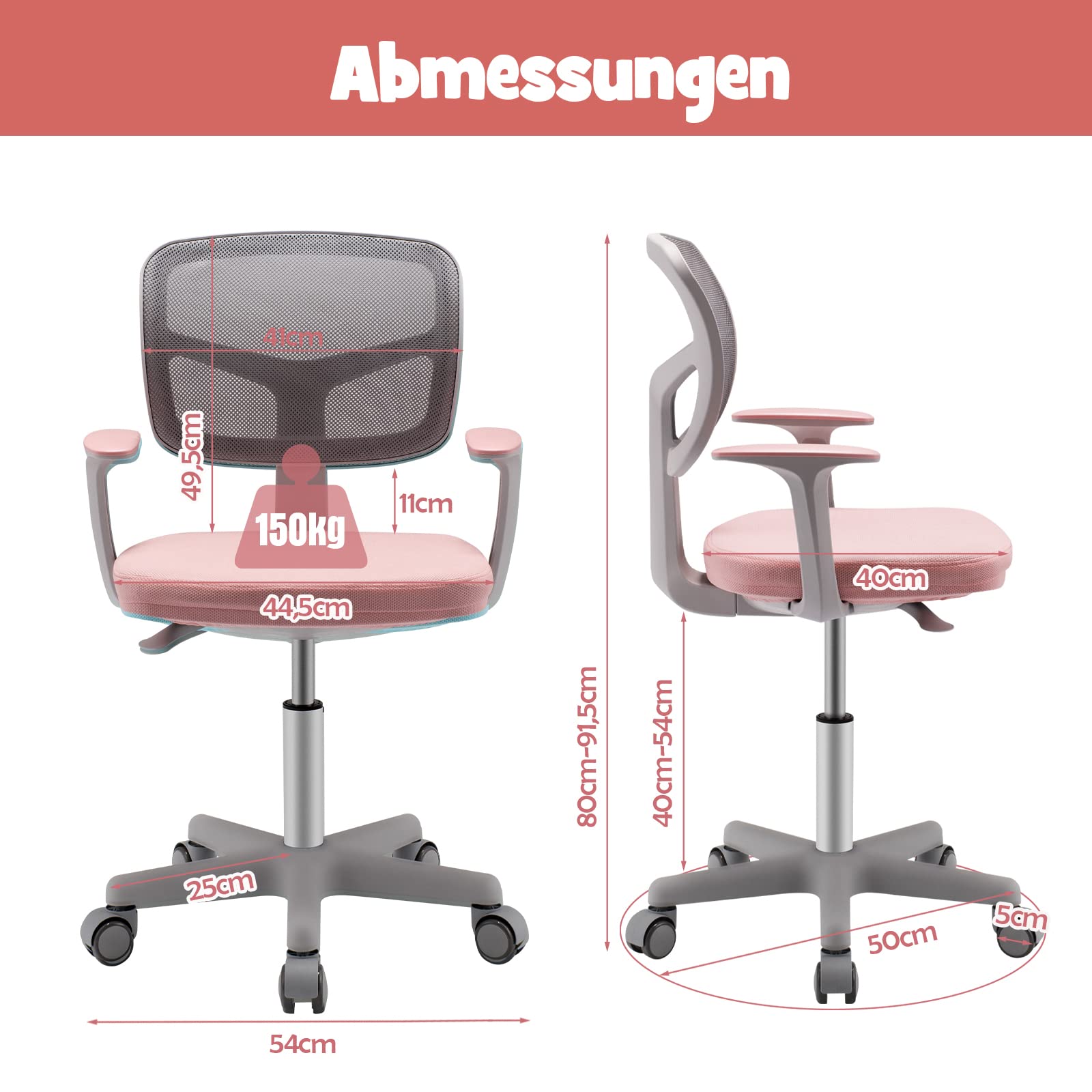 DREAMADE Kinder Schreibtischstuhl höhenverstellbar, ergonomischer Jugenddrehstuhl mit Rückenlehne & Armlehnen, Kinder Drehstuhl mit 5 Rollen, für Kinder 3-10 Jahre alt, bis 150kg belastbar (Rosa)