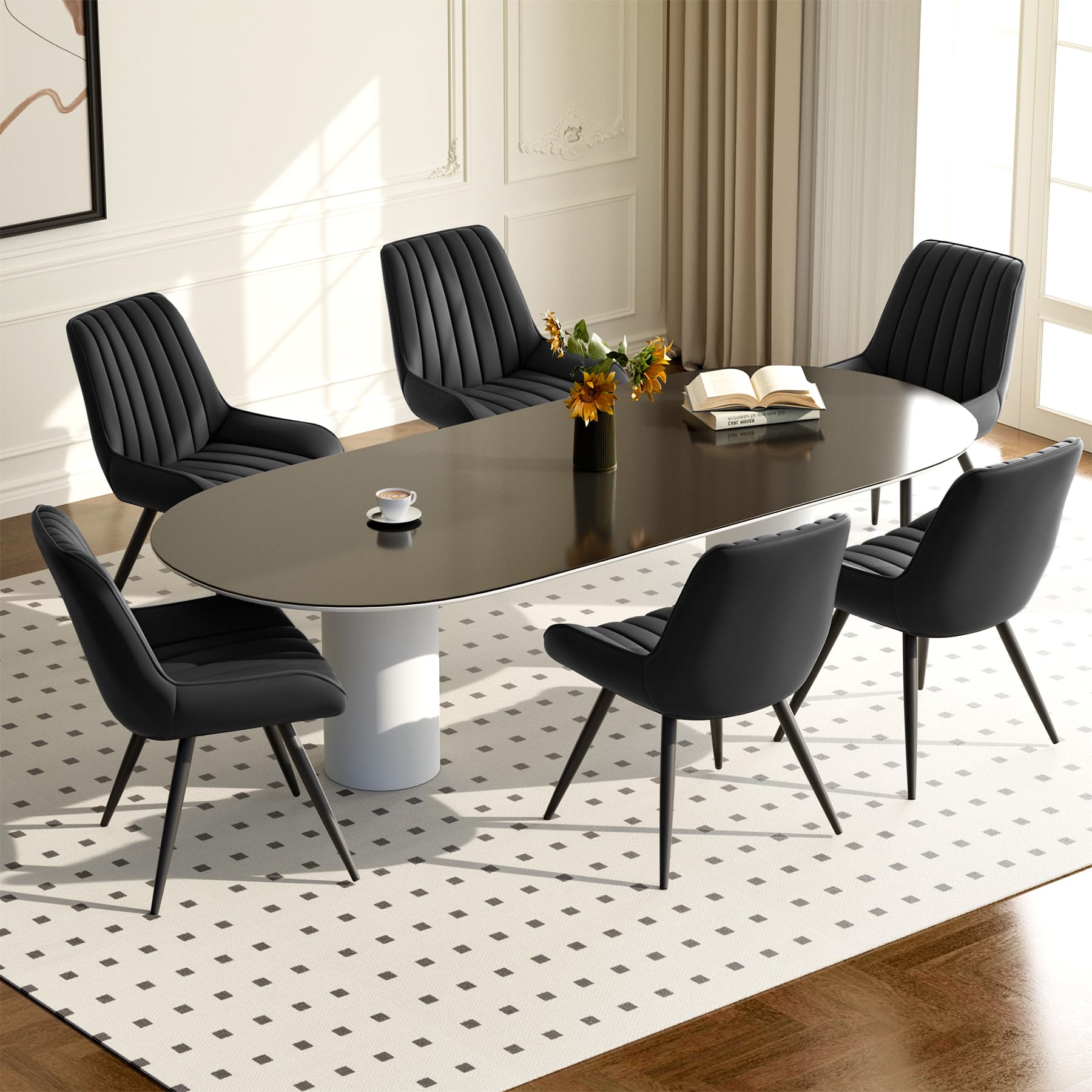 Hawthyhome Esszimmerstühle 6er Set | Polsterstühle mit 5 cm Sitzkissen • künstlicher Stoff Dining Chair • Küchenstuhl mit Rückenlehne • Moderne Sessel • Metallbeine • Schwarz FU01043BL-6