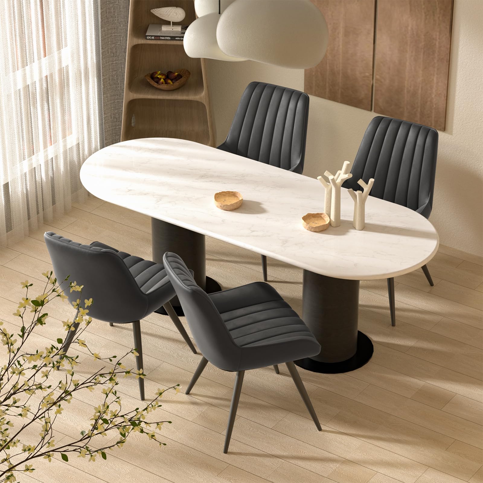 Hawthyhome Esszimmerstühle 6er Set | Polsterstühle mit 5 cm Sitzkissen • künstlicher Stoff Dining Chair • Küchenstuhl mit Rückenlehne • Moderne Sessel • Metallbeine • Schwarz FU01043BL-6