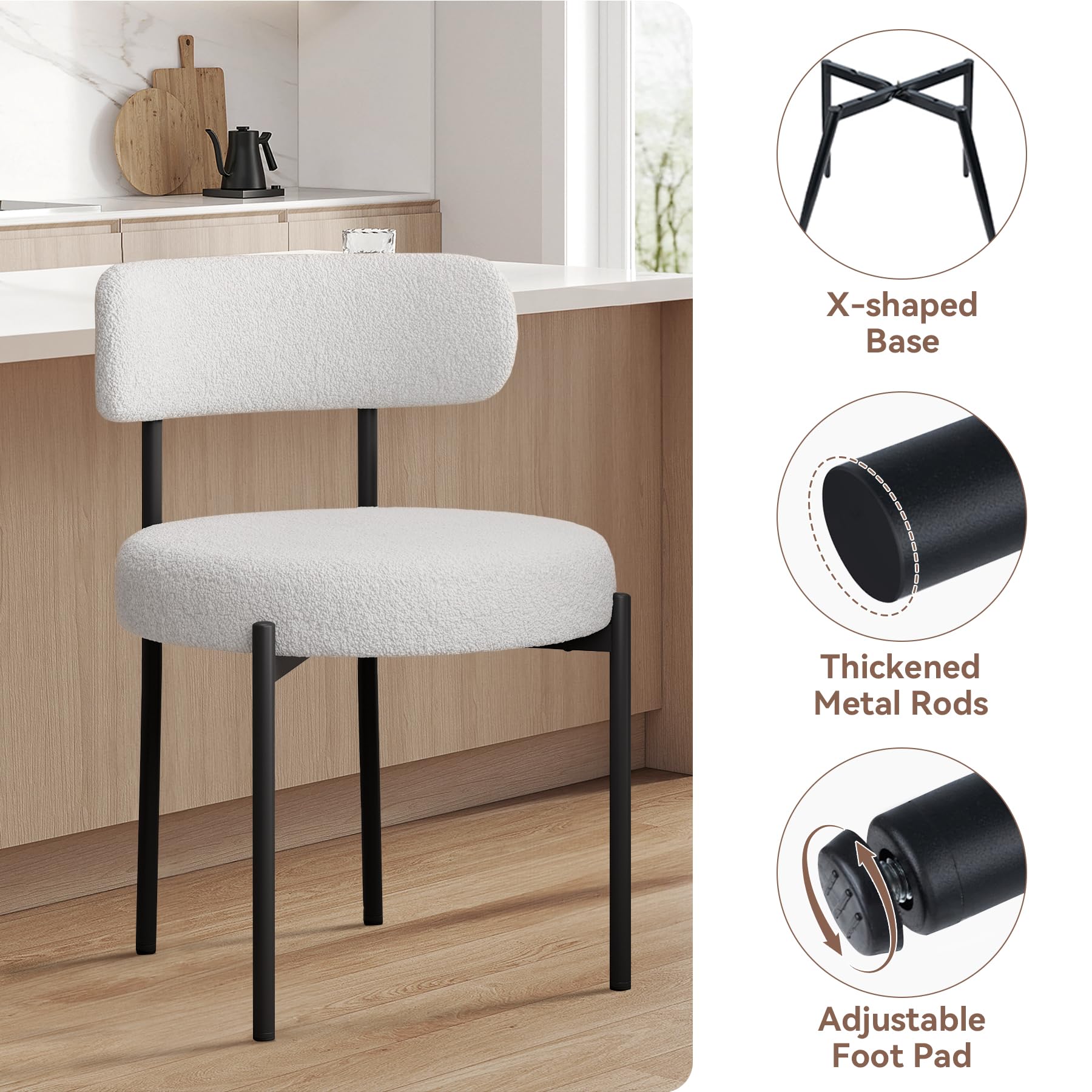 Hawthyhome Esszimmerstühle 4er Set丨Teddy Stoff Runde Boucle Stühle·Mid-Century gepolsterte Küchenstühle·Dining Chairs mit Metallbeinen·Creme beige wei߷FU01031WH-4